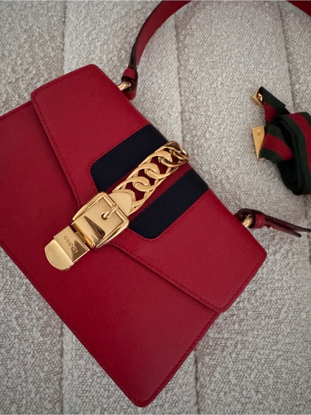 Gucci Red Leather Crossbody with Navy Stripe and Gold Chain